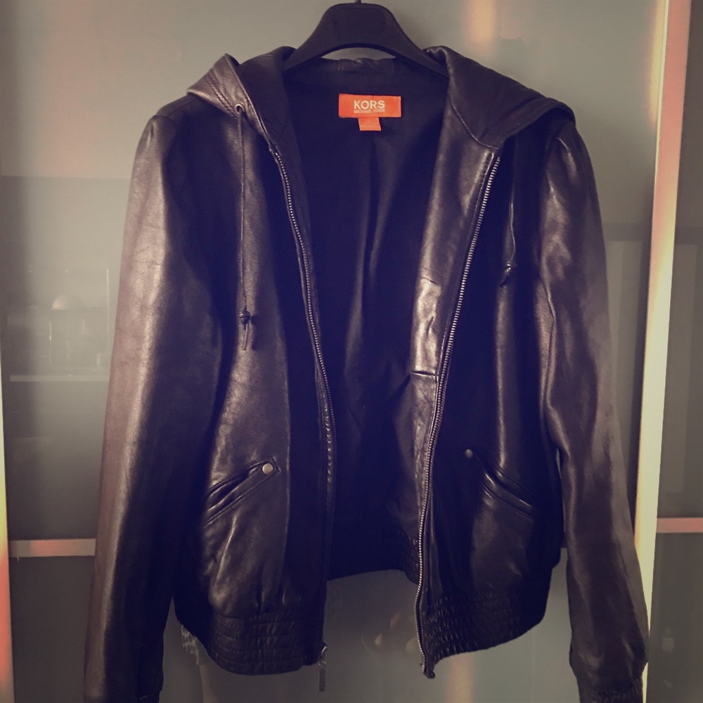 Michael Kors leather hooded bomber jacket